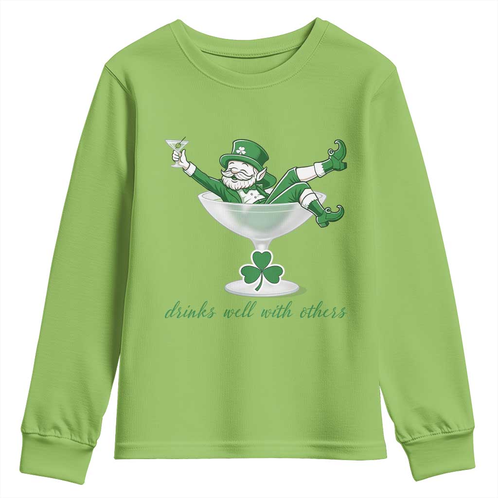 Drink Well With Others Youth Sweatshirt Funny Leprechaun Drinking Green Beer Shamrock TS14 Lime Print Your Wear