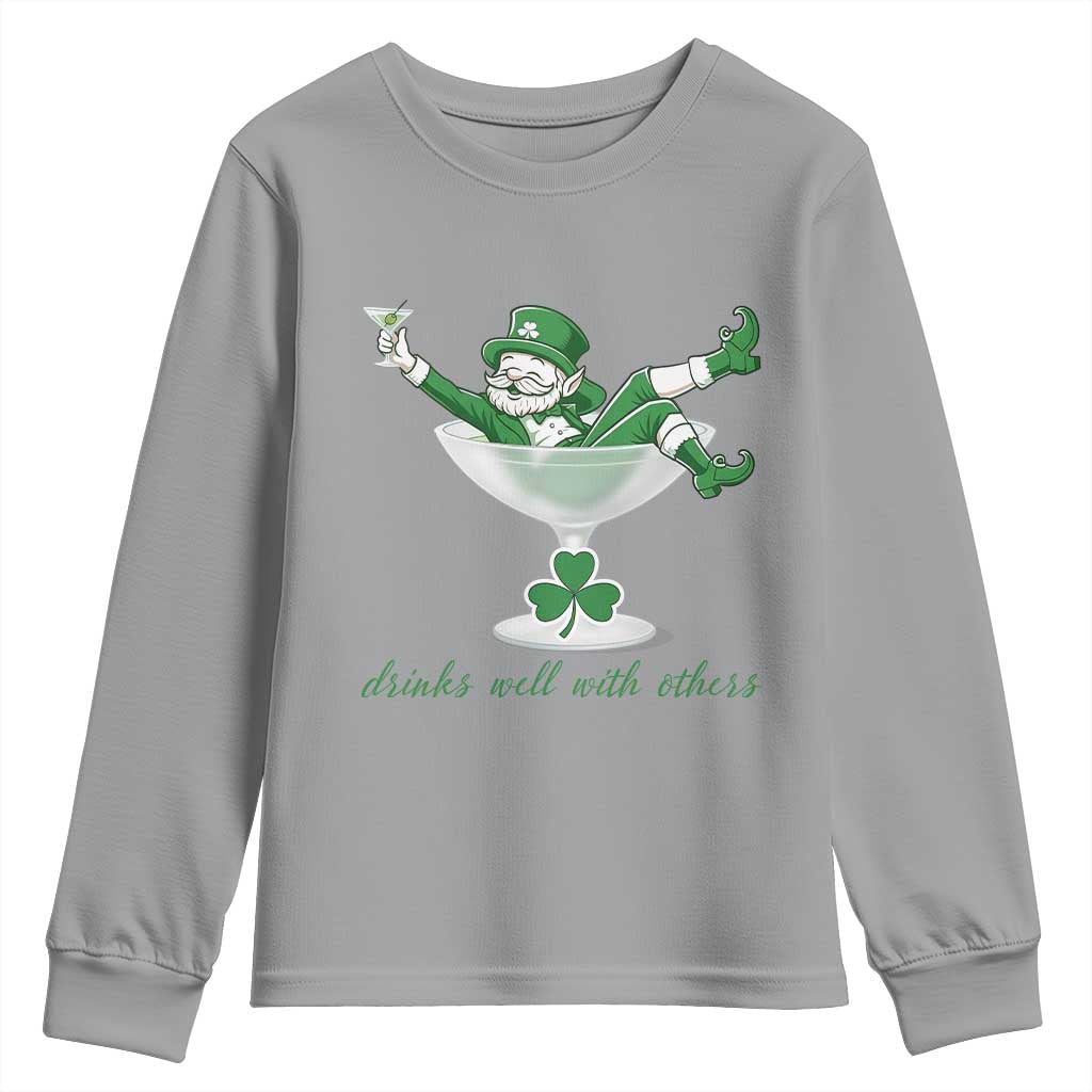 Drink Well With Others Youth Sweatshirt Funny Leprechaun Drinking Green Beer Shamrock TS14 Sport Gray Print Your Wear
