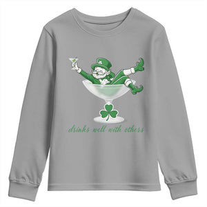 Drink Well With Others Youth Sweatshirt Funny Leprechaun Drinking Green Beer Shamrock TS14 Sport Gray Print Your Wear