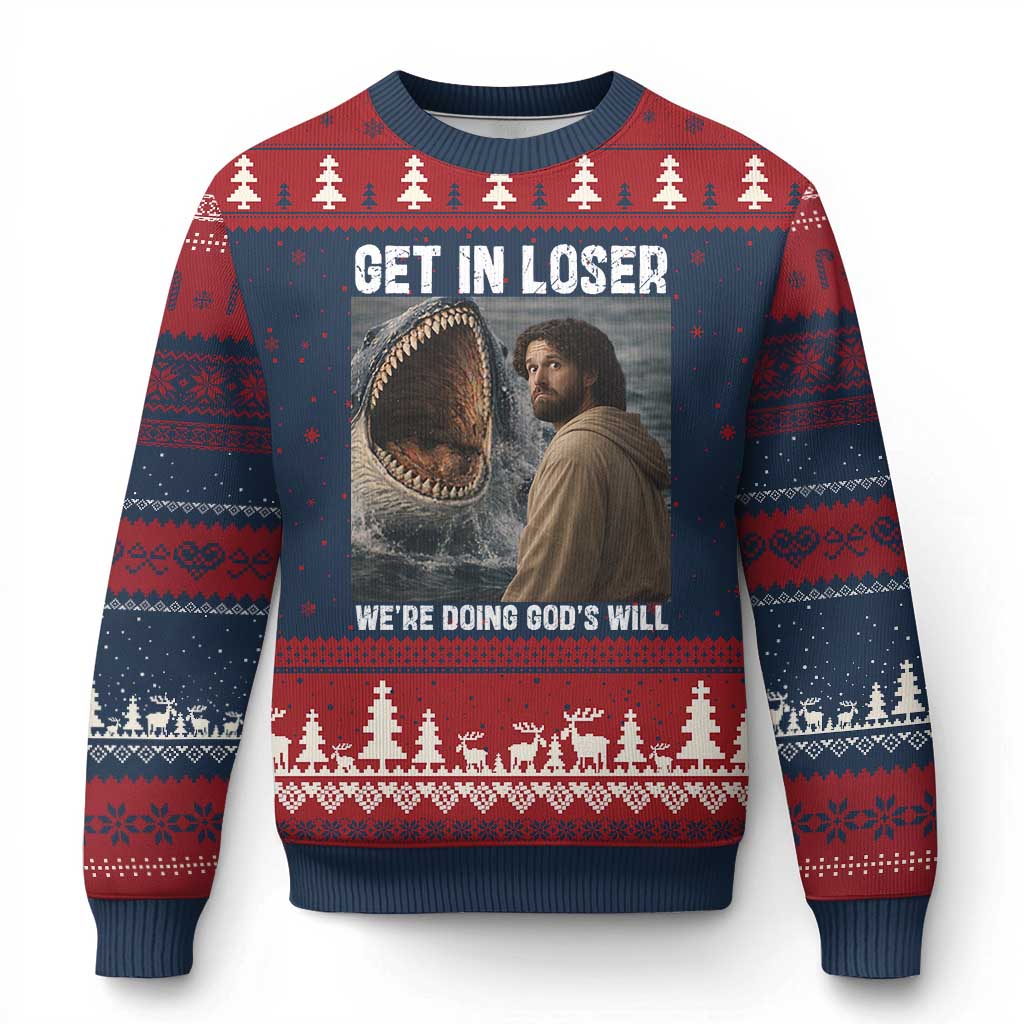 Get In Loser We're Doing God's Will Ugly Christmas Sweater Funny Christian Quote TS14 Navy Red Print Your Wear