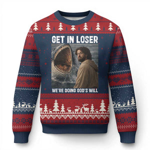 Get In Loser We're Doing God's Will Ugly Christmas Sweater Funny Christian Quote TS14 Navy Red Print Your Wear