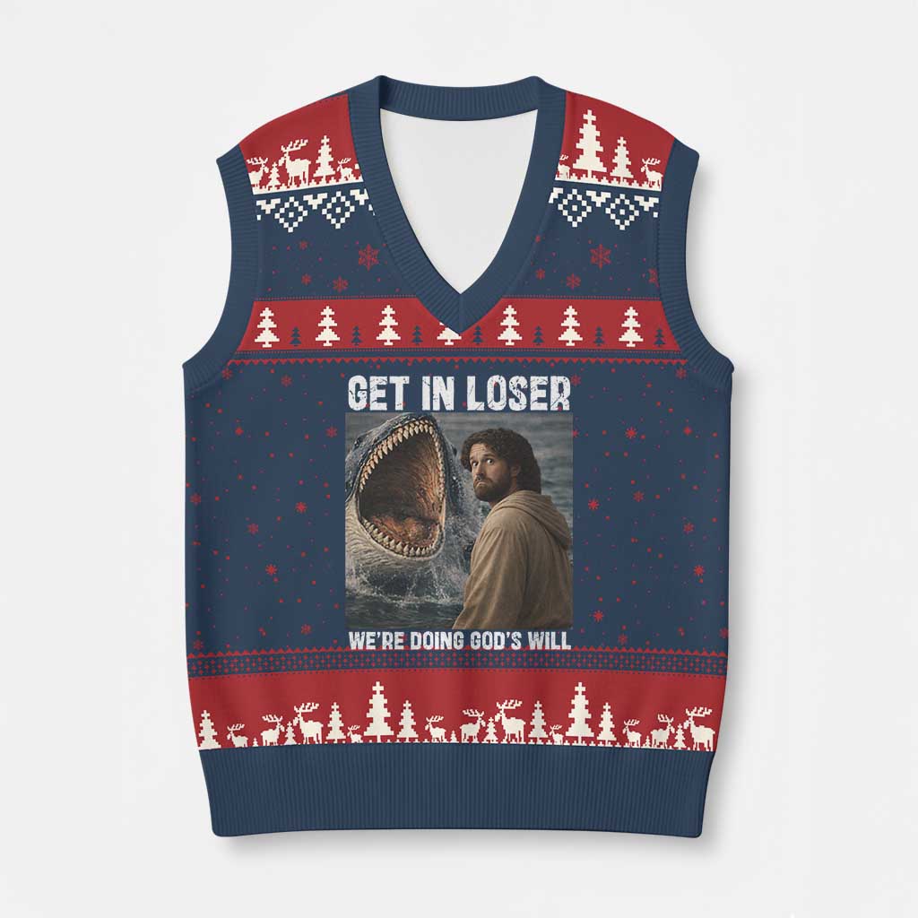 Get In Loser We're Doing God's Will V-Neck Knit Sweater Vest Funny Christian Quote TS14 Navy Red Print Your Wear