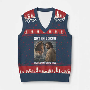Get In Loser We're Doing God's Will V-Neck Knit Sweater Vest Funny Christian Quote TS14 Navy Red Print Your Wear