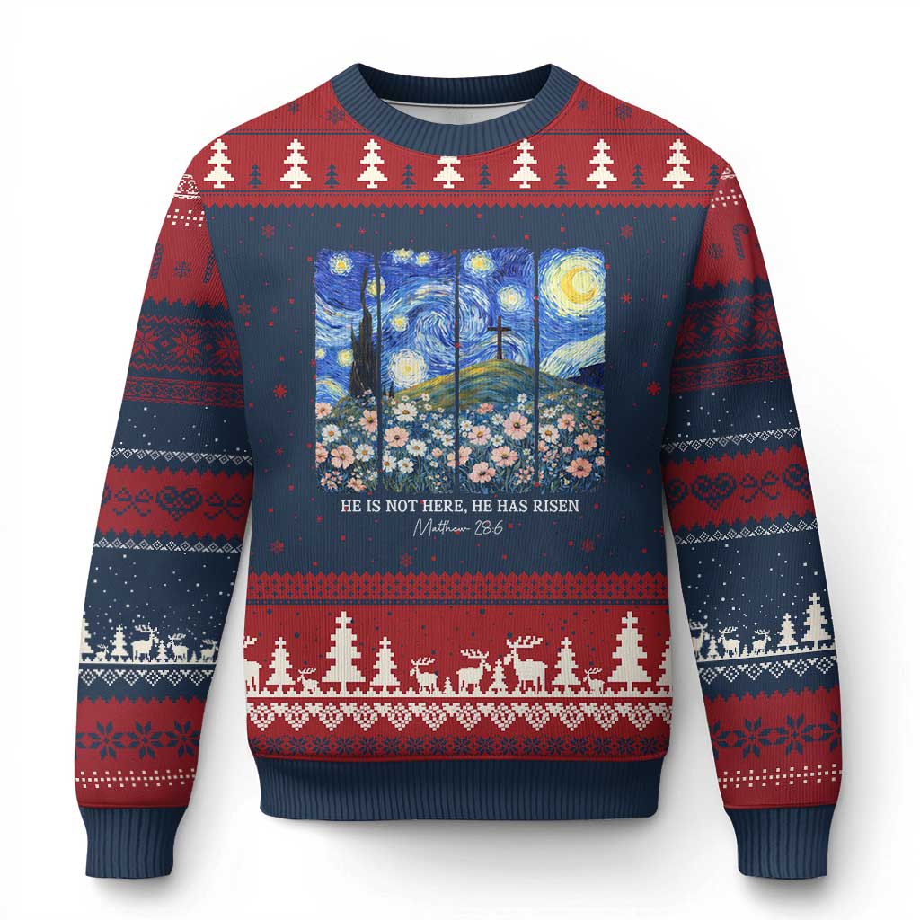 He is Risen Ugly Christmas Sweater Christian Easter Starry Night Van Gogh TS14 Navy Red Print Your Wear