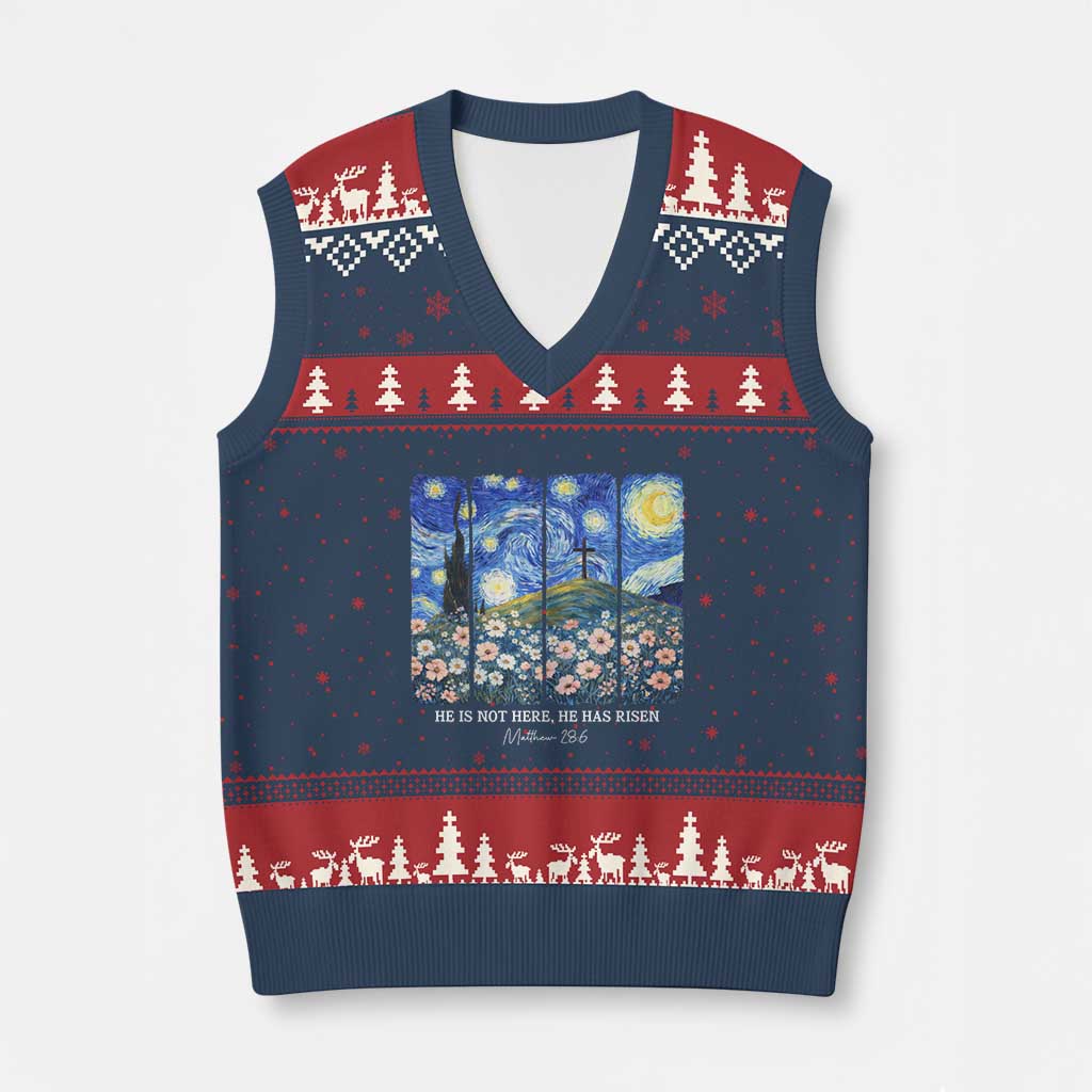 He is Risen V-Neck Knit Sweater Vest Christian Easter Starry Night Van Gogh TS14 Navy Red Print Your Wear