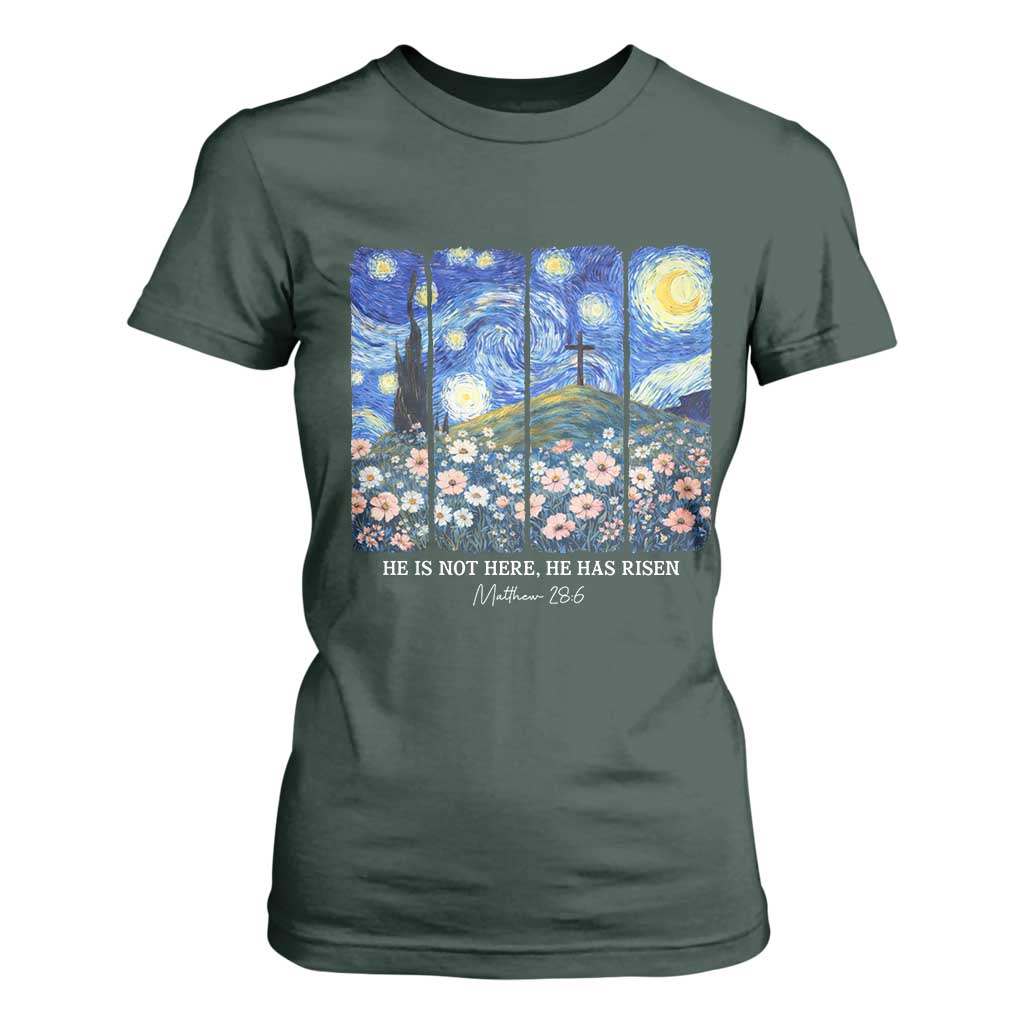 He is Risen T Shirt For Women Christian Easter Starry Night Van Gogh TS14 Dark Forest Green Print Your Wear
