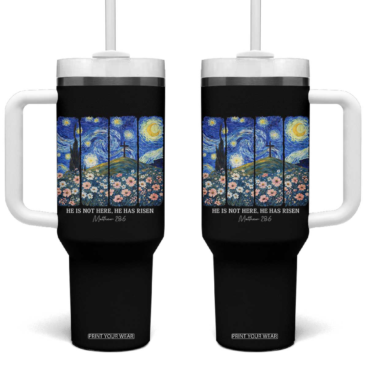He is Risen Tumbler With Handle Christian Easter Starry Night Van Gogh TS14 One Size: 40 oz Black Print Your Wear