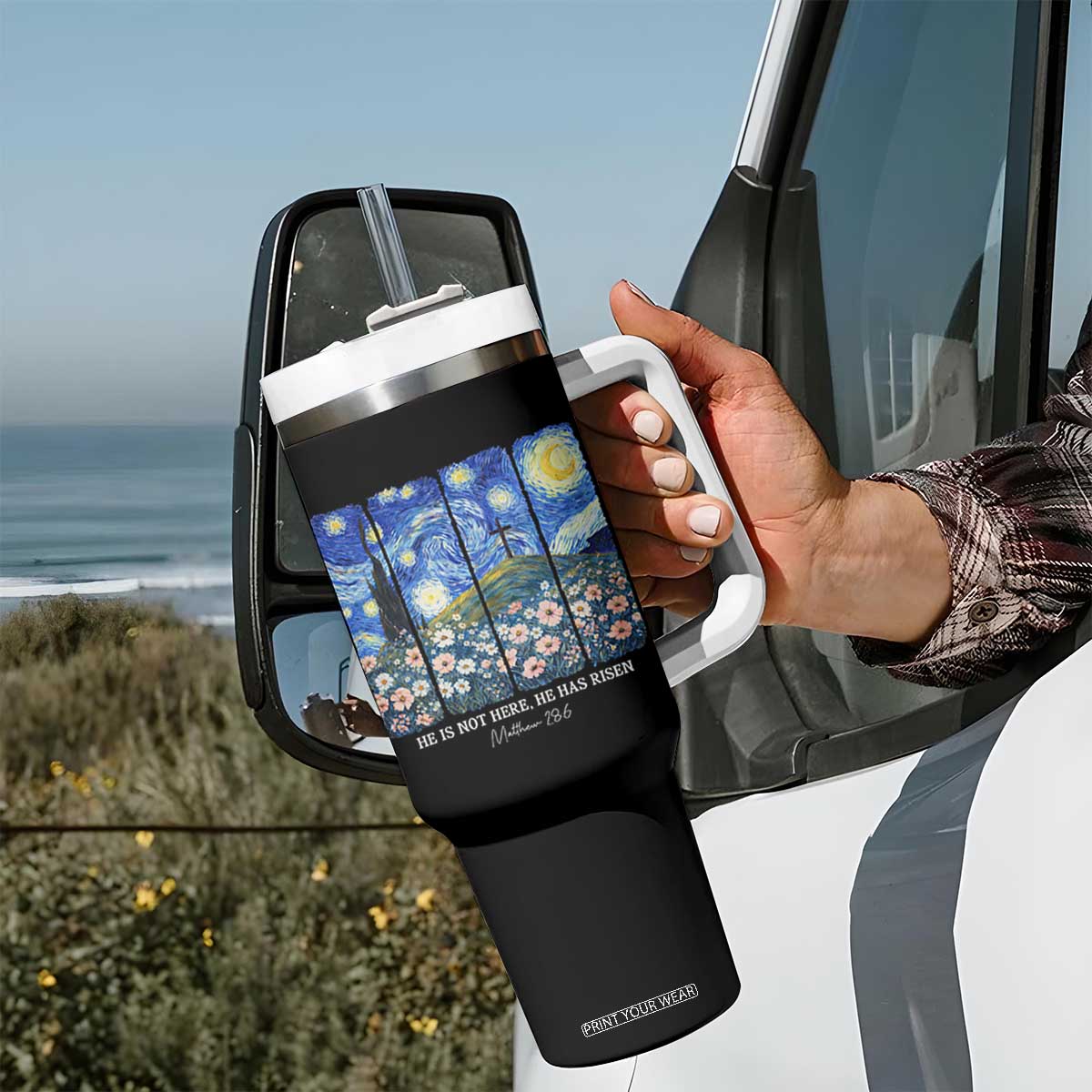He is Risen Tumbler With Handle Christian Easter Starry Night Van Gogh TS14 Print Your Wear