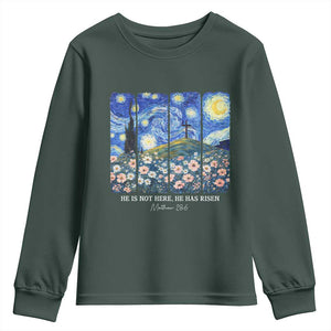 He is Risen Youth Sweatshirt Christian Easter Starry Night Van Gogh TS14 Dark Forest Green Print Your Wear