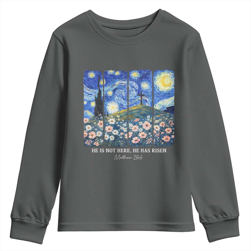 He is Risen Youth Sweatshirt Christian Easter Starry Night Van Gogh TS14 Dark Heather Print Your Wear