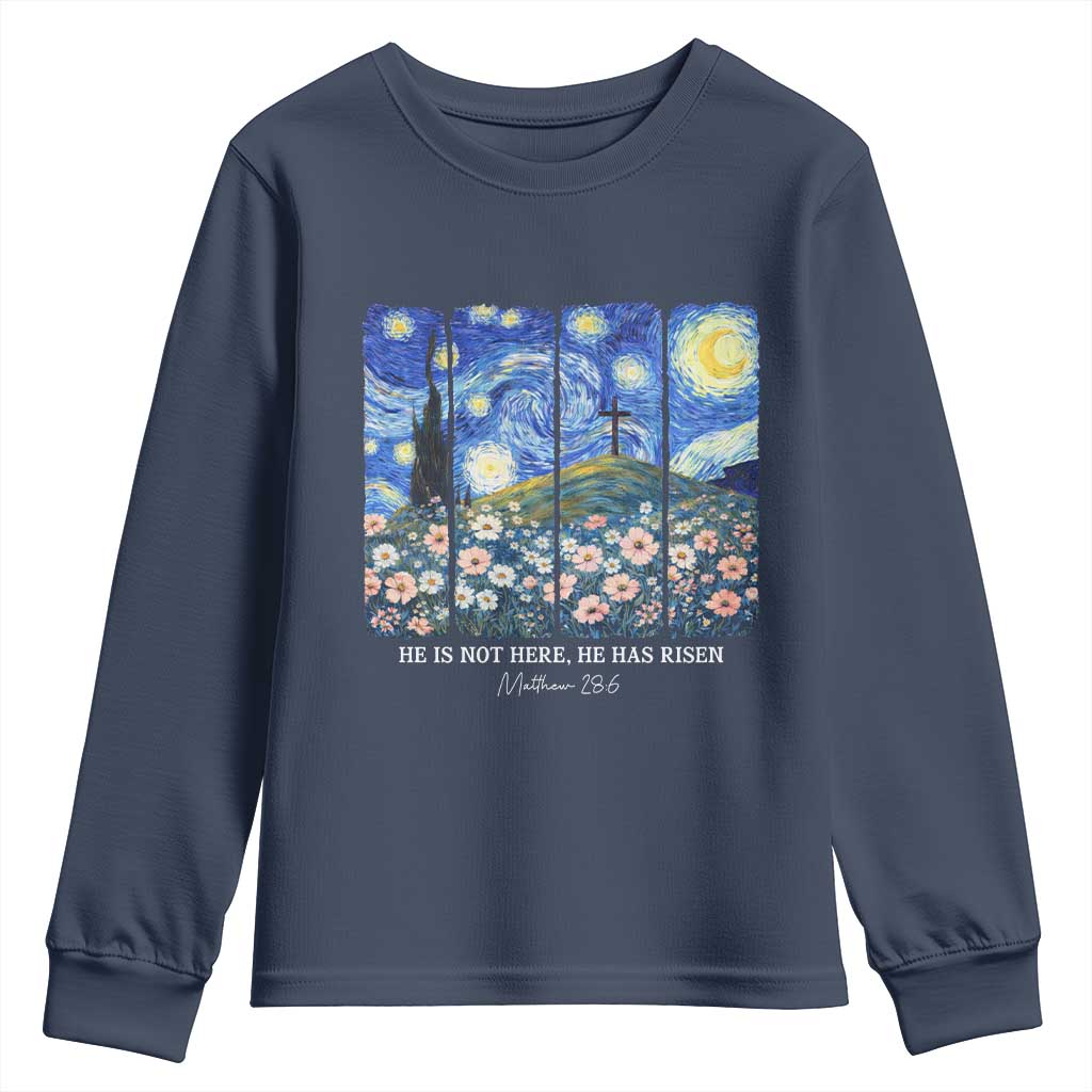 He is Risen Youth Sweatshirt Christian Easter Starry Night Van Gogh TS14 Navy Print Your Wear