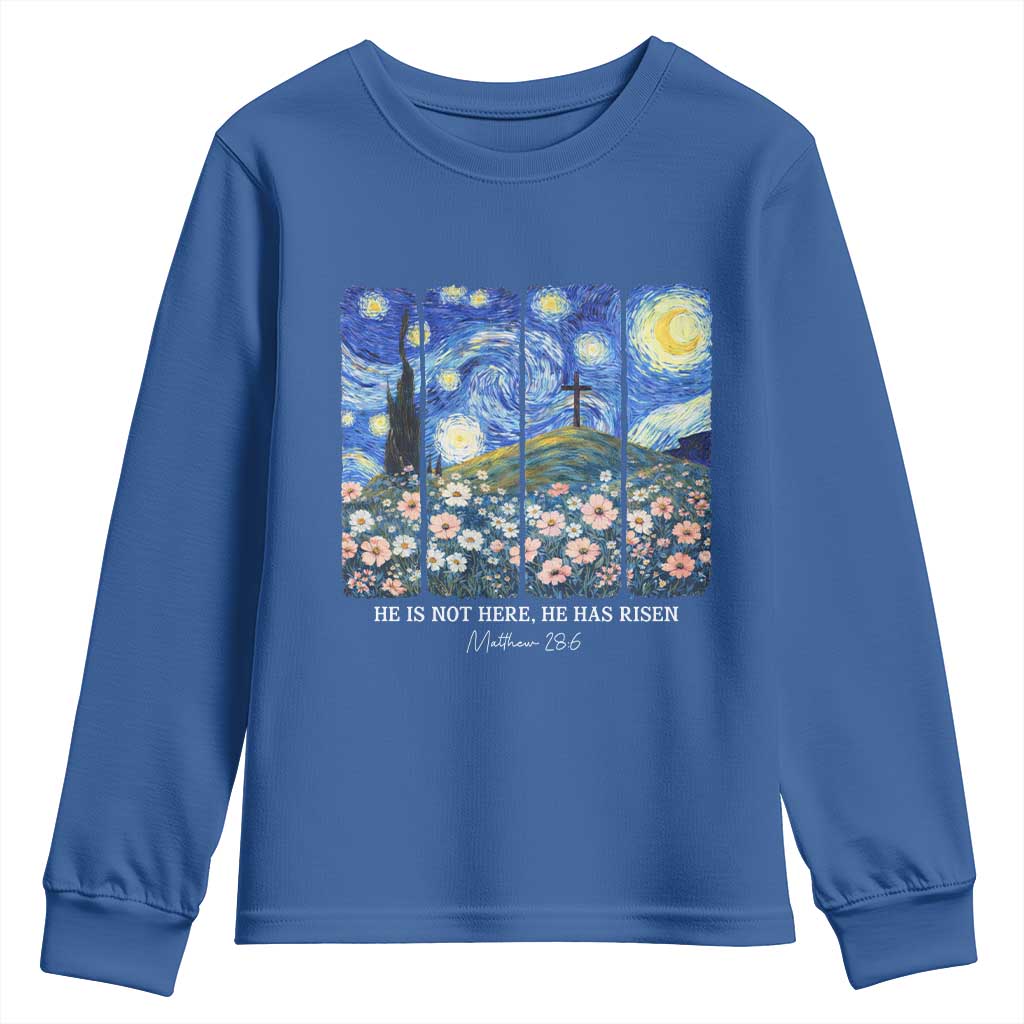 He is Risen Youth Sweatshirt Christian Easter Starry Night Van Gogh TS14 Royal Blue Print Your Wear