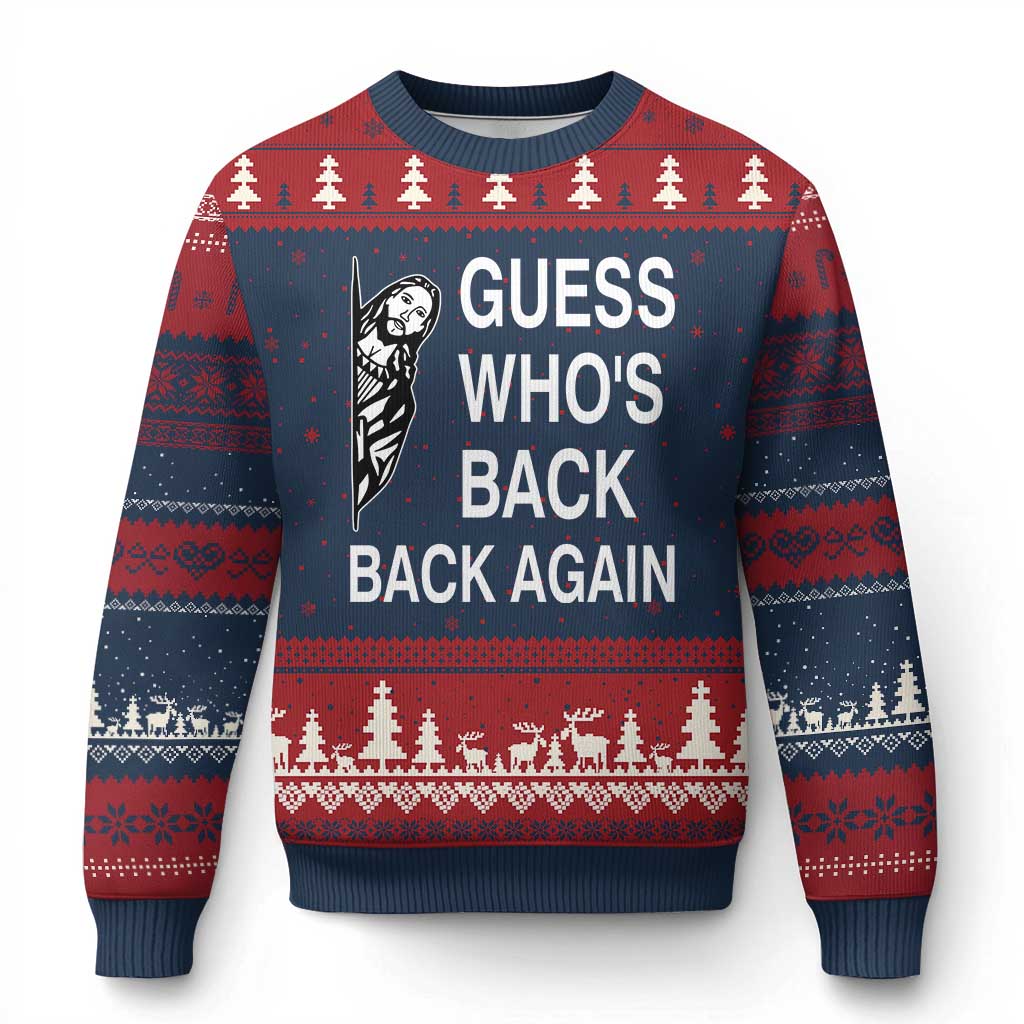 Guess Who's Back Back Again Ugly Christmas Sweater Funny Easter Jesus Meme TS14 Navy Red Print Your Wear