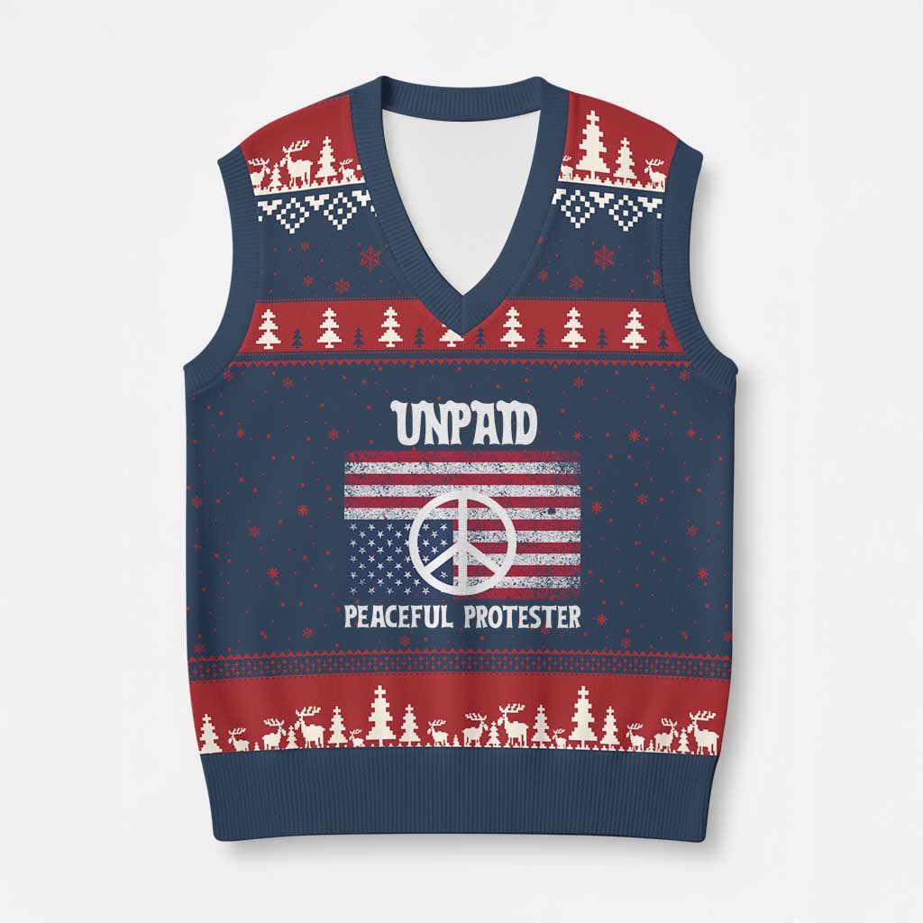 Unpaid Peaceful Protester V-Neck Knit Sweater Vest Peace Sign Anti War Patriotic US Flag TS14 Navy Red Print Your Wear