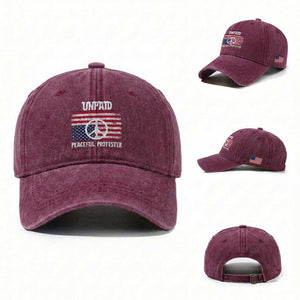 Unpaid Peaceful Protester Washed Cotton Baseball Cap Peace Sign Anti War Patriotic US Flag TS14 Washed Cap Universal Fit Burgundy Print Your Wear