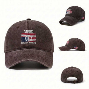 Unpaid Peaceful Protester Washed Cotton Baseball Cap Peace Sign Anti War Patriotic US Flag TS14 Washed Cap Universal Fit Dark Brown Print Your Wear