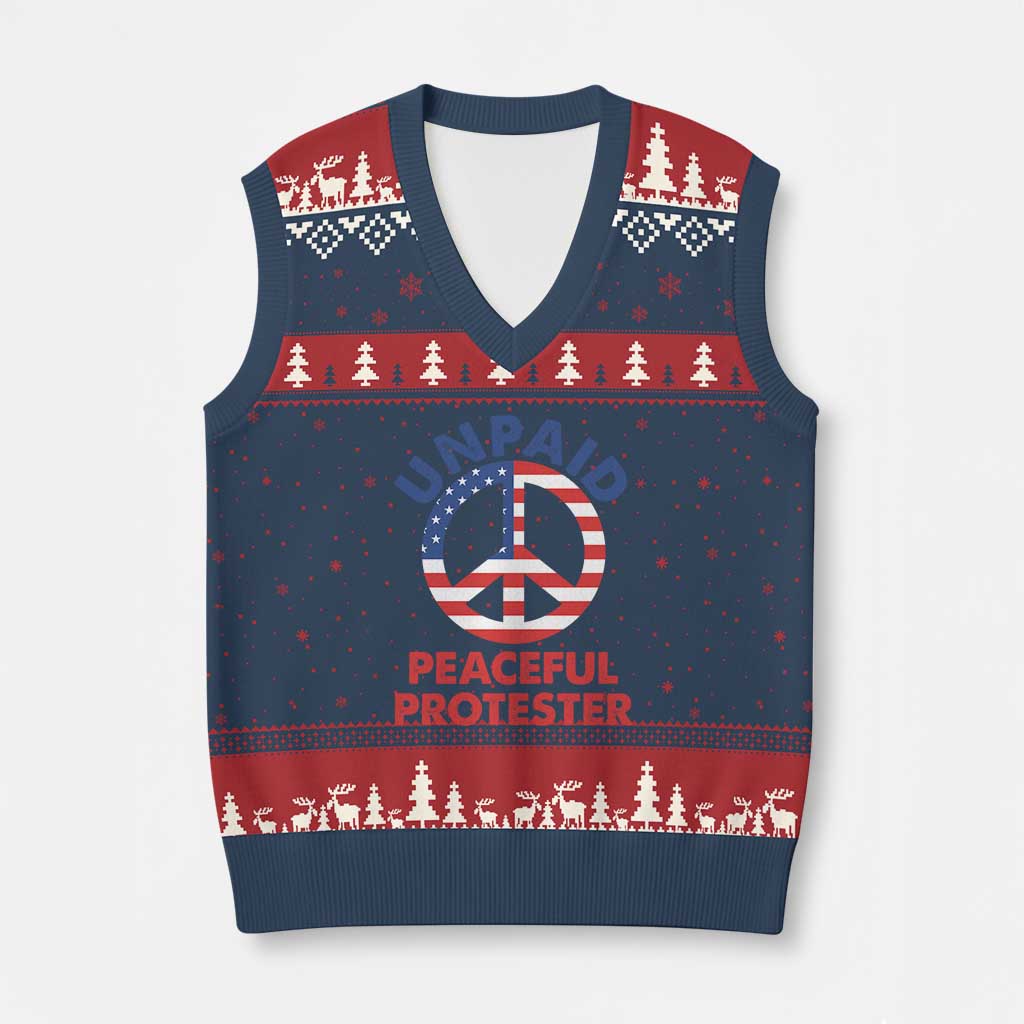 Unpaid Peaceful Protester V-Neck Knit Sweater Vest Peace Sign Patriotic US Flag Political Protest TS14 Navy Red Print Your Wear