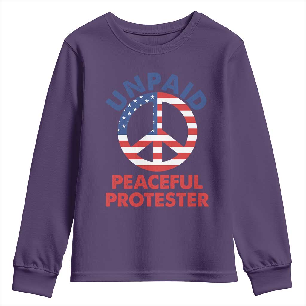 Unpaid Peaceful Protester Youth Sweatshirt Peace Sign Patriotic US Flag Political Protest TS14 Purple Print Your Wear