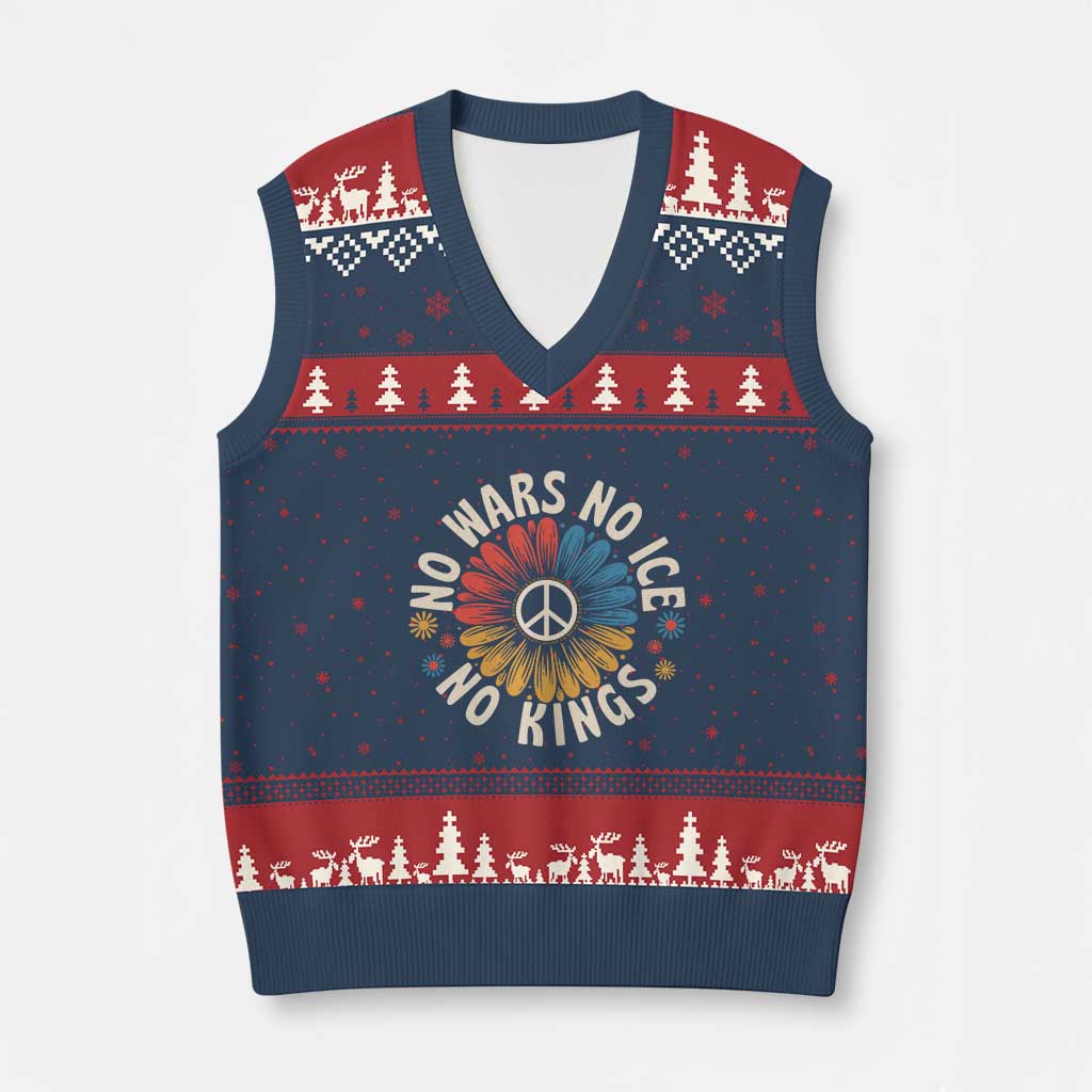 No Kings No ICE No Wars V-Neck Knit Sweater Vest Peace Sign Sunflower Anti War Freedom Activist TS14 Navy Red Print Your Wear