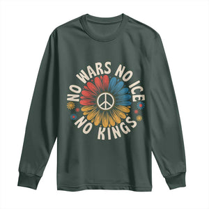 No Kings No ICE No Wars Long Sleeve Shirt Peace Sign Sunflower Anti War Freedom Activist TS14 Dark Forest Green Print Your Wear