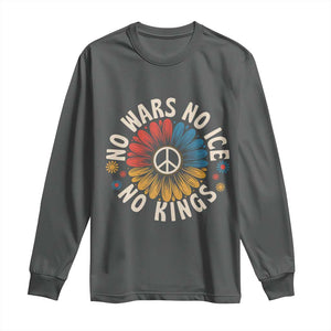 No Kings No ICE No Wars Long Sleeve Shirt Peace Sign Sunflower Anti War Freedom Activist TS14 Dark Heather Print Your Wear
