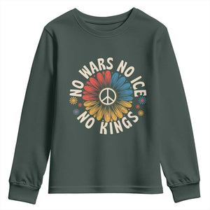 No Kings No ICE No Wars Youth Sweatshirt Peace Sign Sunflower Anti War Freedom Activist TS14 Dark Forest Green Print Your Wear