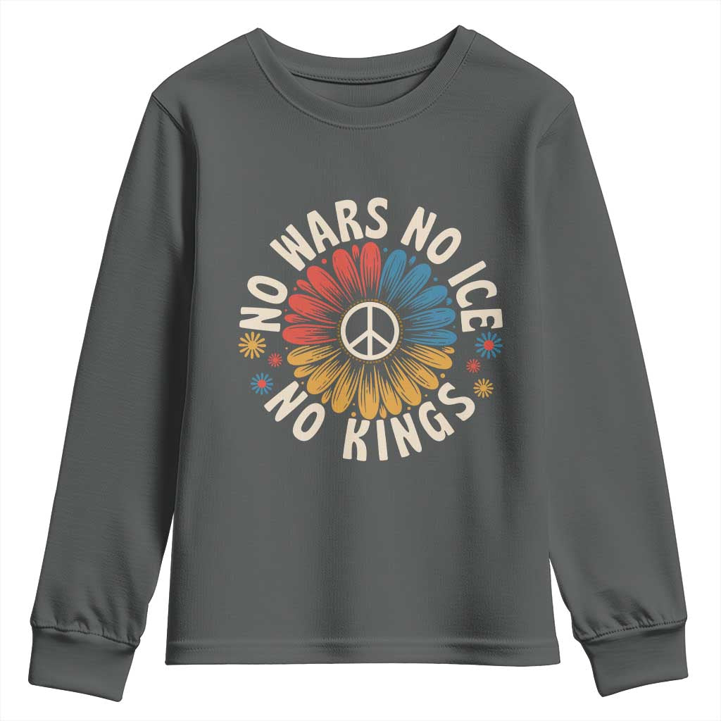 No Kings No ICE No Wars Youth Sweatshirt Peace Sign Sunflower Anti War Freedom Activist TS14 Dark Heather Print Your Wear