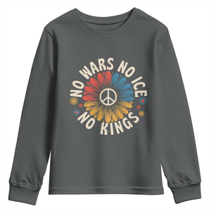 No Kings No ICE No Wars Youth Sweatshirt Peace Sign Sunflower Anti War Freedom Activist TS14 Dark Heather Print Your Wear