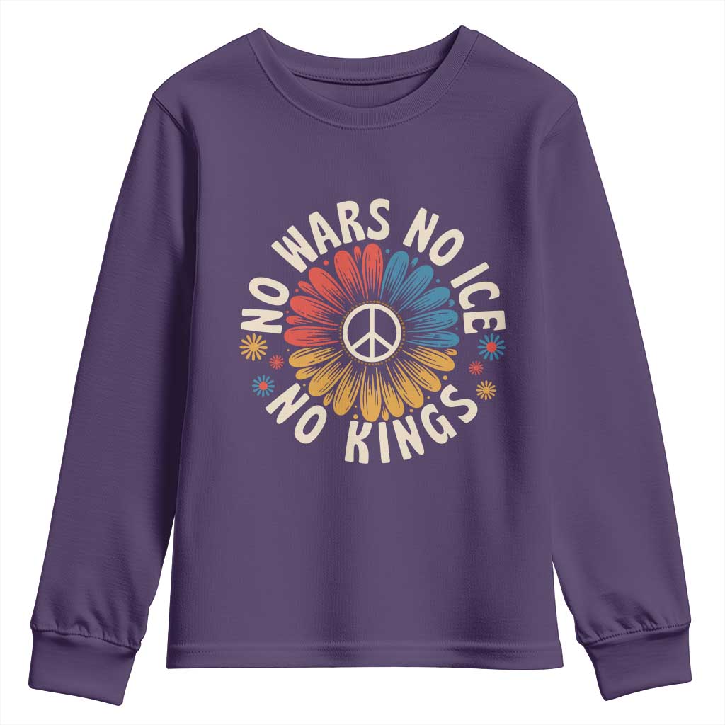 No Kings No ICE No Wars Youth Sweatshirt Peace Sign Sunflower Anti War Freedom Activist TS14 Purple Print Your Wear