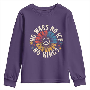 No Kings No ICE No Wars Youth Sweatshirt Peace Sign Sunflower Anti War Freedom Activist TS14 Purple Print Your Wear