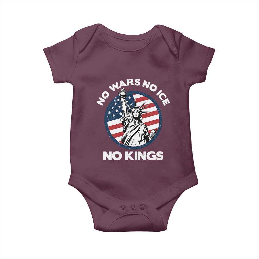 No Kings No ICE No Wars Baby Onesie Statue of Liberty US Flag Anti War Freedom Activist TS14 Maroon Print Your Wear