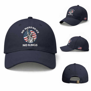 No Kings No ICE No Wars Baseball Cap Statue of Liberty US Flag Anti War Freedom Activist TS14 Baseball Cap Universal Fit Navy Print Your Wear