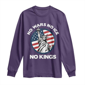 No Kings No ICE No Wars Long Sleeve Shirt Statue of Liberty US Flag Anti War Freedom Activist TS14 Purple Print Your Wear