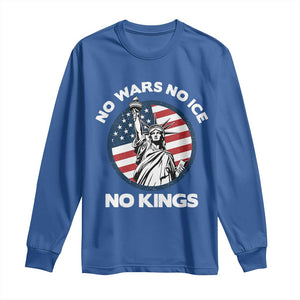No Kings No ICE No Wars Long Sleeve Shirt Statue of Liberty US Flag Anti War Freedom Activist TS14 Royal Blue Print Your Wear