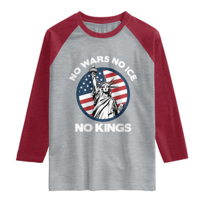 No Kings No ICE No Wars Raglan Shirt Statue of Liberty US Flag Anti War Freedom Activist TS14 Heather Gray Heather Red Print Your Wear
