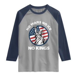 No Kings No ICE No Wars Raglan Shirt Statue of Liberty US Flag Anti War Freedom Activist TS14 Sport Gray Navy Print Your Wear
