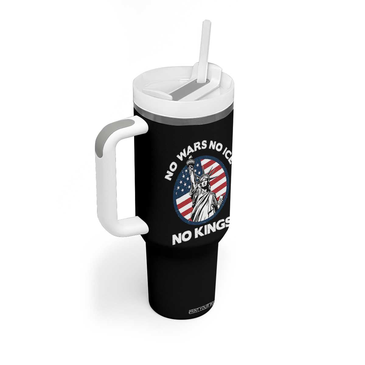 No Kings No ICE No Wars Tumbler With Handle Statue of Liberty US Flag Anti War Freedom Activist TS14 Print Your Wear