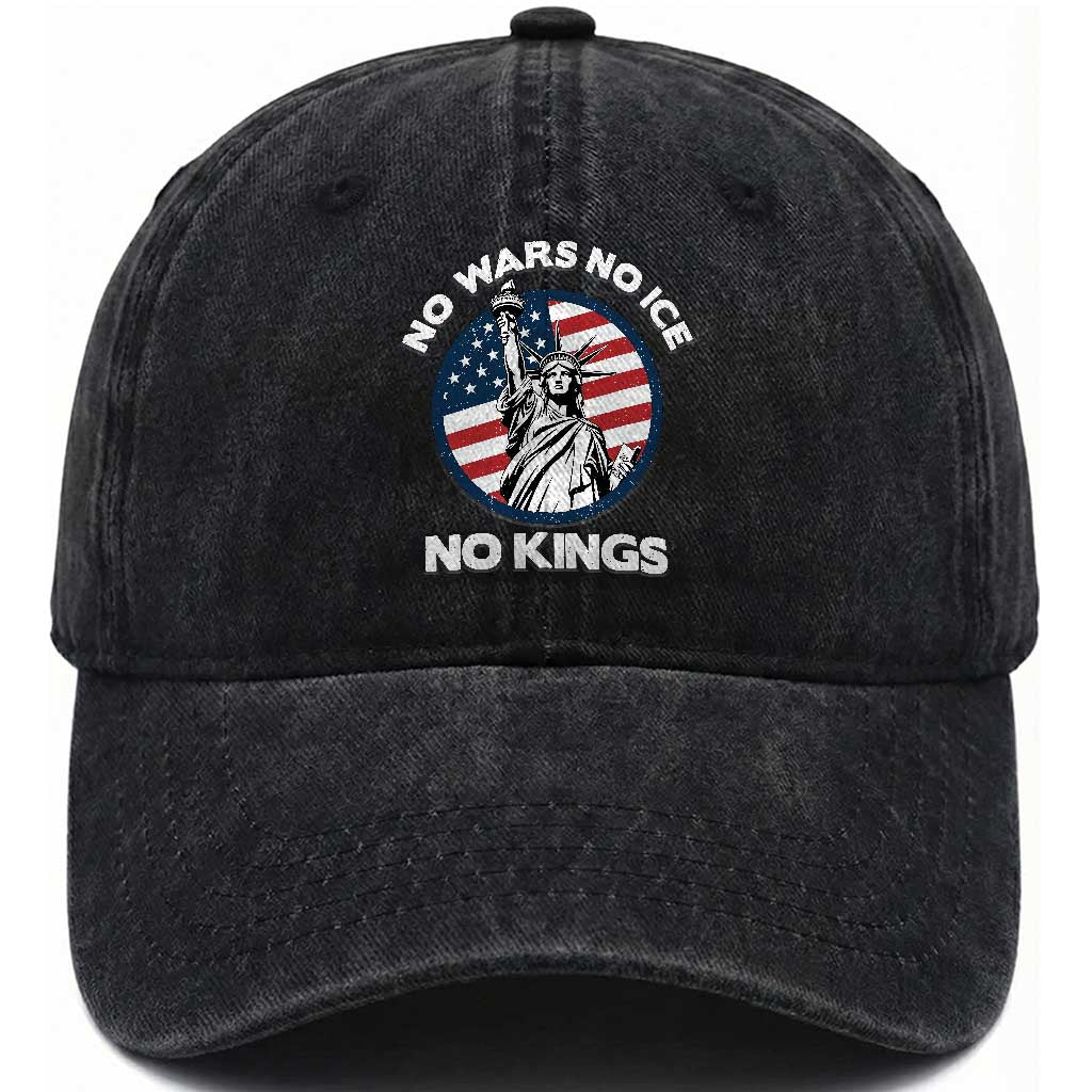 No Kings No ICE No Wars Washed Cotton Baseball Cap Statue of Liberty US Flag Anti War Freedom Activist TS14 Print Your Wear