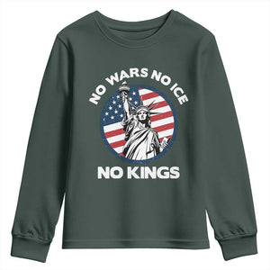No Kings No ICE No Wars Youth Sweatshirt Statue of Liberty US Flag Anti War Freedom Activist TS14 Dark Forest Green Print Your Wear
