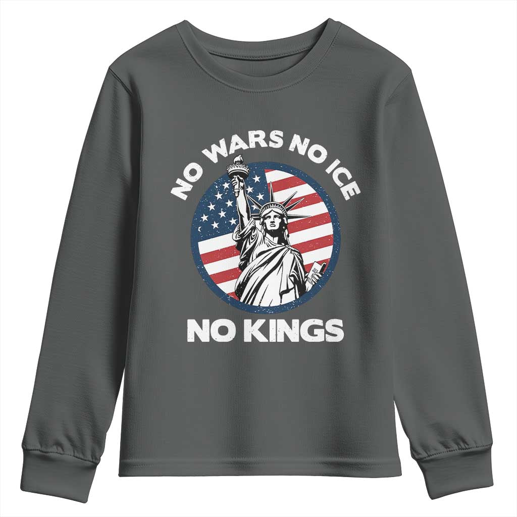 No Kings No ICE No Wars Youth Sweatshirt Statue of Liberty US Flag Anti War Freedom Activist TS14 Dark Heather Print Your Wear