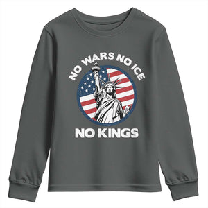 No Kings No ICE No Wars Youth Sweatshirt Statue of Liberty US Flag Anti War Freedom Activist TS14 Dark Heather Print Your Wear
