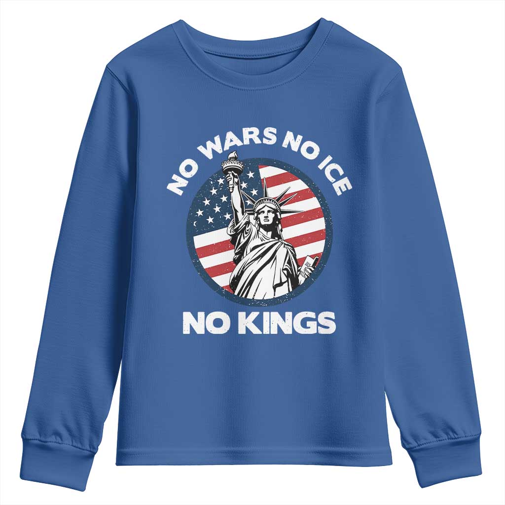 No Kings No ICE No Wars Youth Sweatshirt Statue of Liberty US Flag Anti War Freedom Activist TS14 Royal Blue Print Your Wear