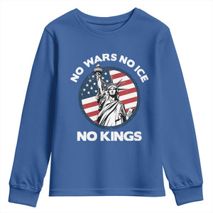 No Kings No ICE No Wars Youth Sweatshirt Statue of Liberty US Flag Anti War Freedom Activist TS14 Royal Blue Print Your Wear