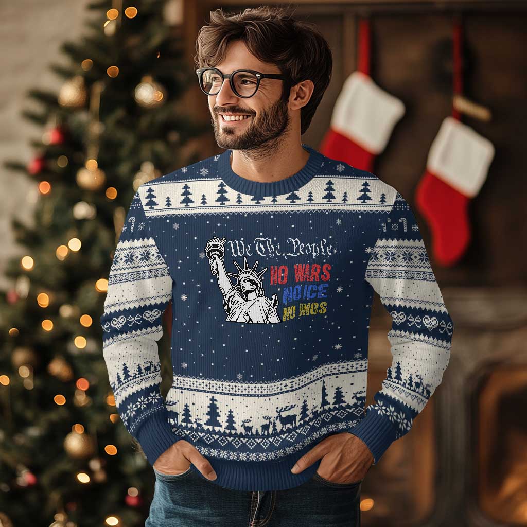 No Kings No ICE No Wars Ugly Christmas Sweater Statue of Liberty We The People Freedom TS14 Navy Beige Print Your Wear