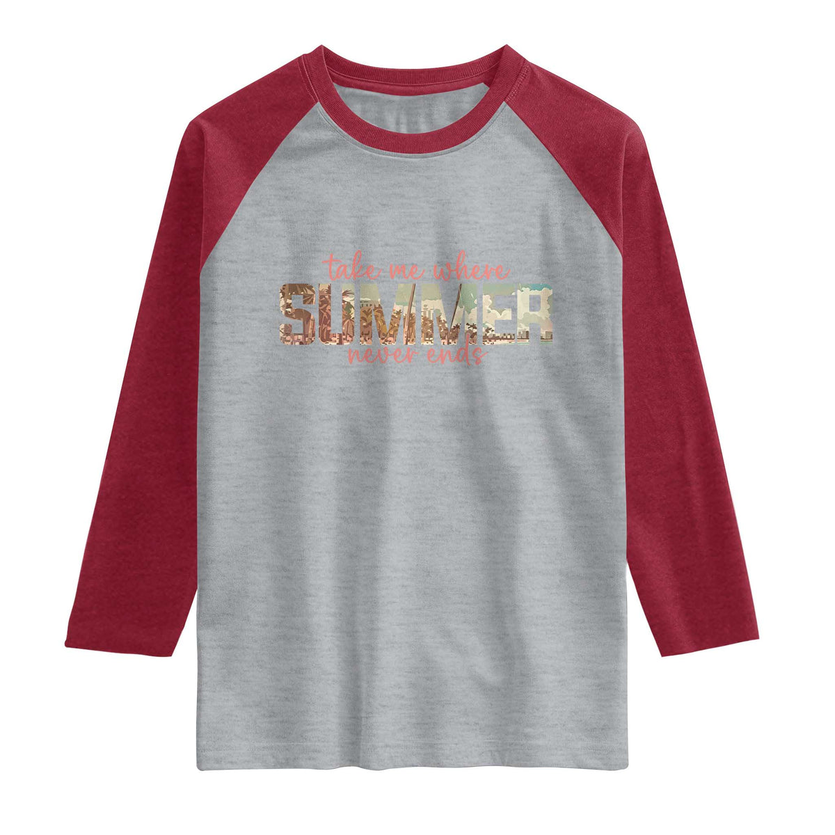 Take Me Where Summer Never Ends Raglan Shirt Summer Beach Vacation TS14 Heather Gray Heather Red Print Your Wear
