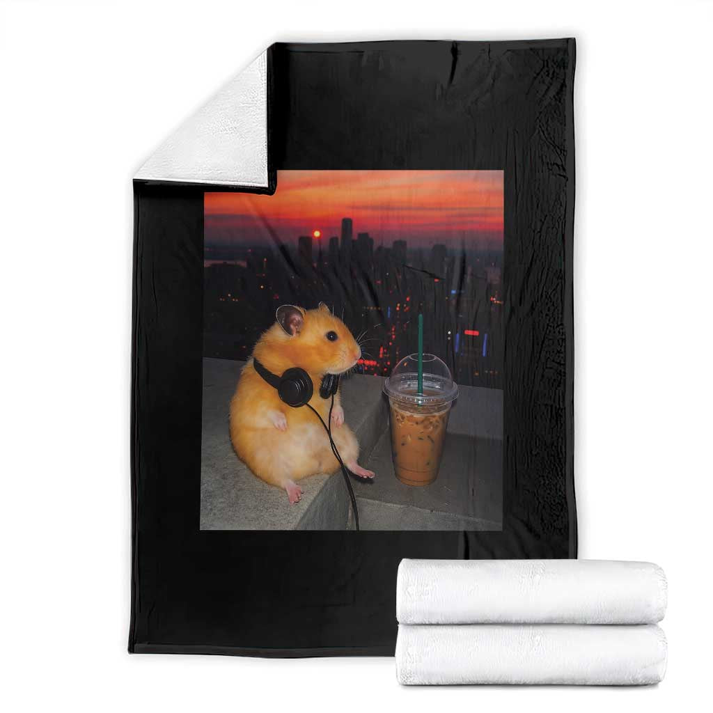 Hamster Drinking Iced Coffee Throw Blanket Funny Animal Chill City Sunset Headphones TS14 Black Print Your Wear