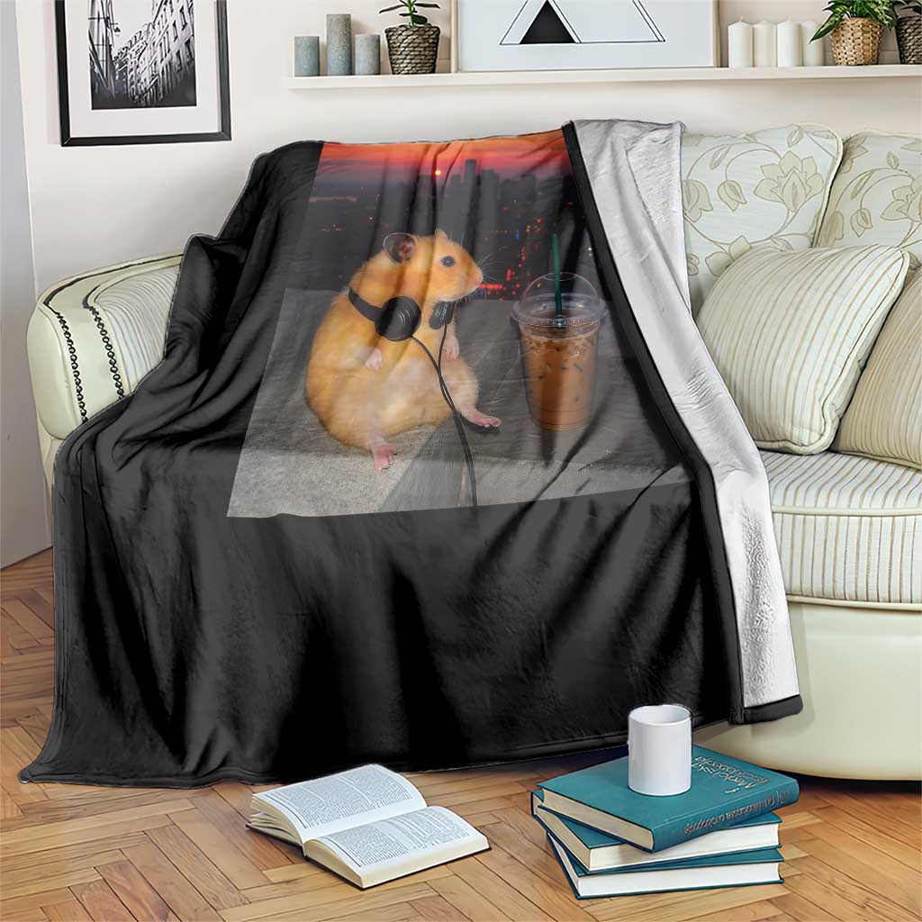 Hamster Drinking Iced Coffee Throw Blanket Funny Animal Chill City Sunset Headphones TS14 Print Your Wear