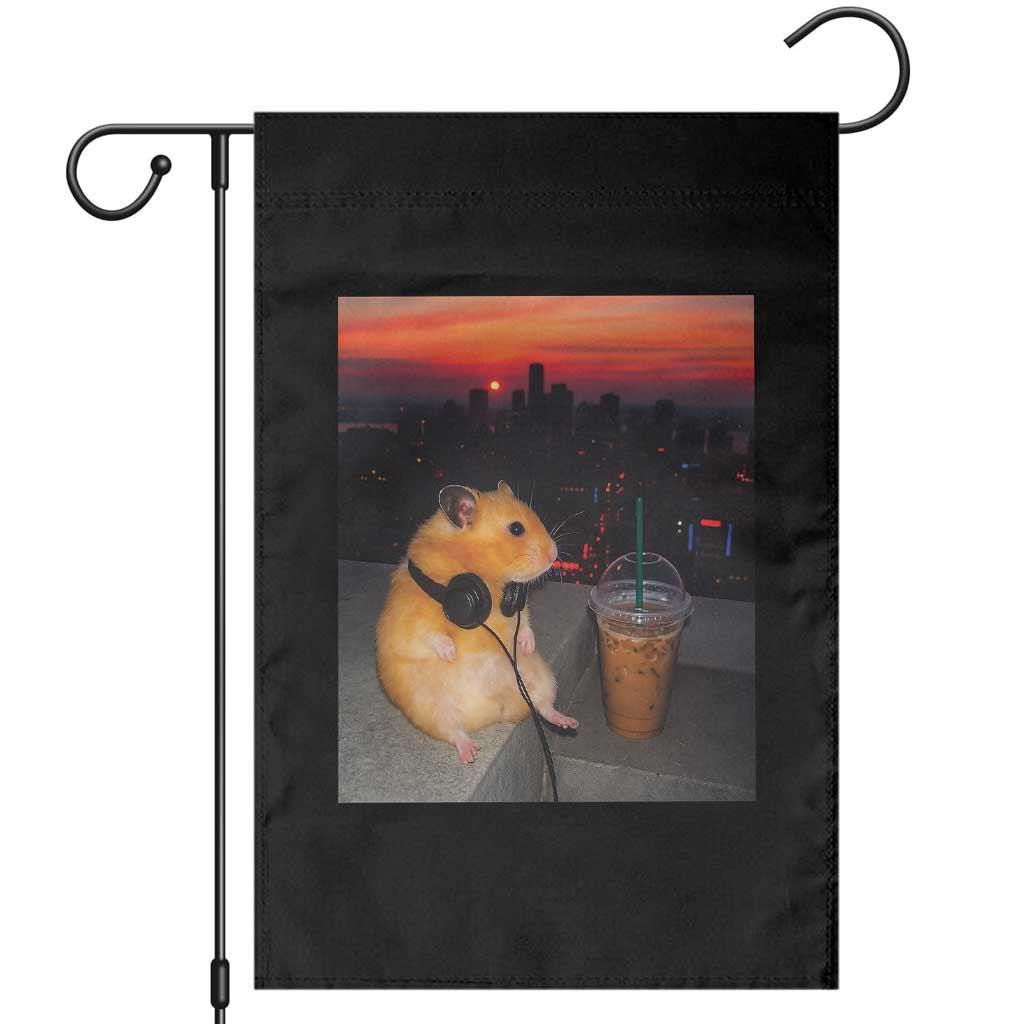 Hamster Drinking Iced Coffee Garden Flag Funny Animal Chill City Sunset Headphones TS14 Black Print Your Wear
