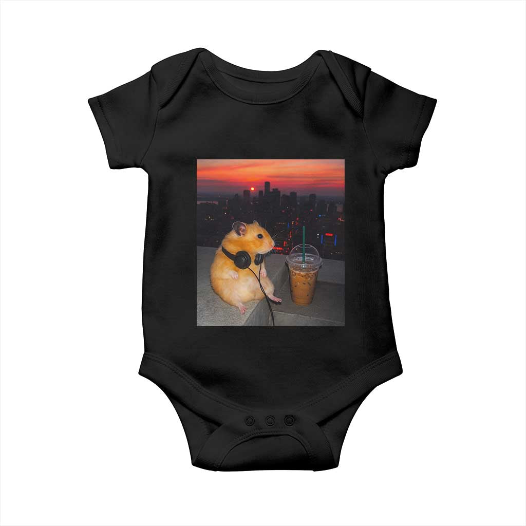 Hamster Drinking Iced Coffee Baby Onesie Funny Animal Chill City Sunset Headphones TS14 Black Print Your Wear