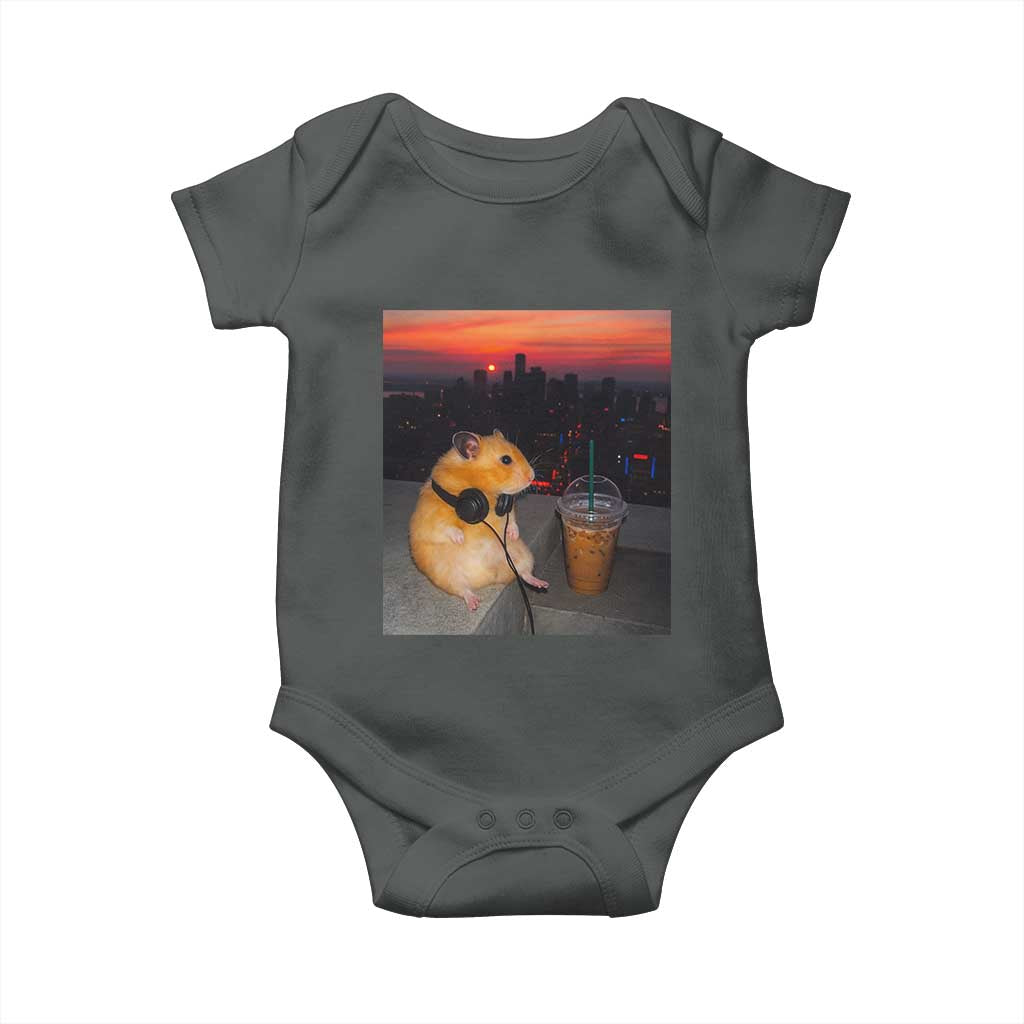 Hamster Drinking Iced Coffee Baby Onesie Funny Animal Chill City Sunset Headphones TS14 Dark Heather Print Your Wear